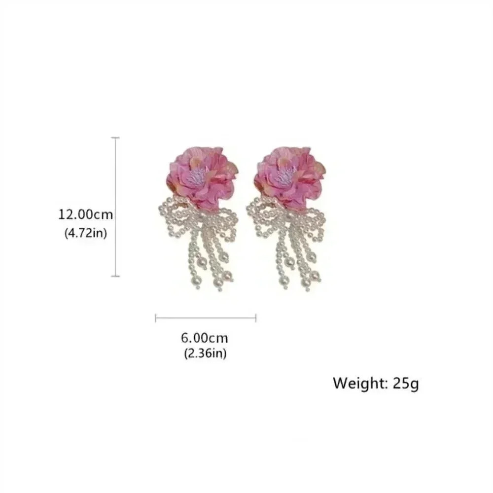 White Large Flower Decor Faux Pearl Tassel Earrings - Picture 4 of 4